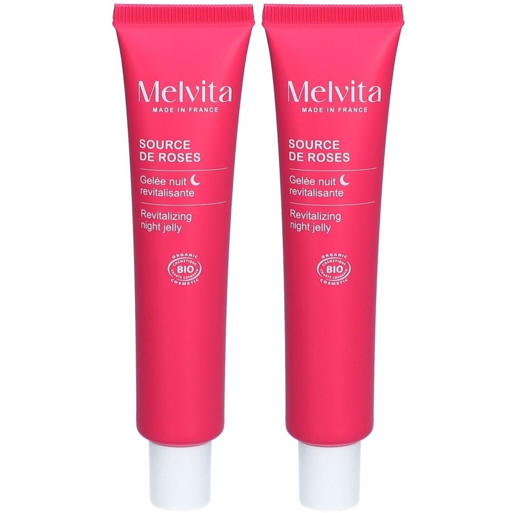 Deux tubes de gelée rose. Inscription : Melvita, Source de Roses, Gelée nuit revitalisante. Certification bio.