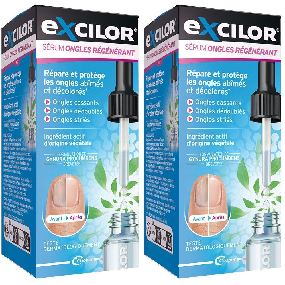 Deux boîtes de sérum pour ongles EXCILOR avec pipette. Montre des images avant/après d'ongles et des ingrédients végétaux.