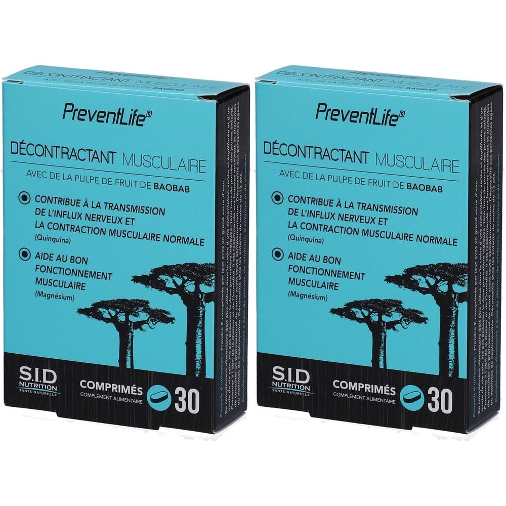Deux boîtes de PreventLife Décontractant Musculaire. Emballage bleu avec texte et illustrations. 30 comprimés.