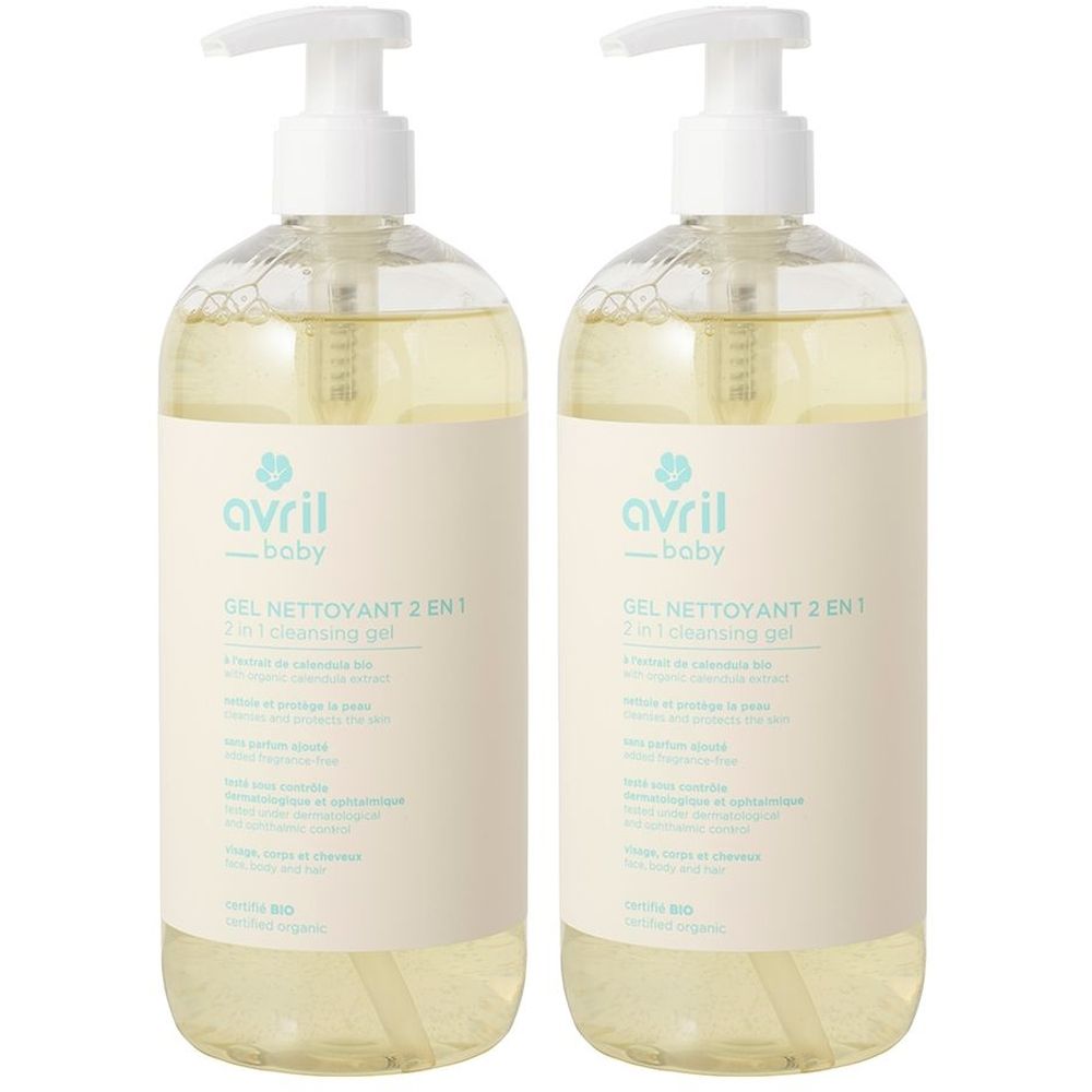 Deux flacons de gel nettoyant 2 en 1 Avril Baby. Liquide transparent avec pompe blanche et étiquette. Certification bio.