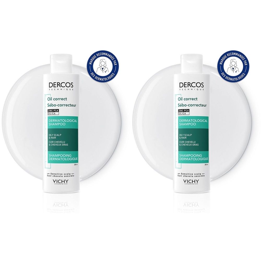 Deux flacons blancs de VICHY Dercos Shampooing Sébo-Correcteur. Inscription : Oil correct, Sébo-correcteur, Dermatological Shampoo. Avec sceau.