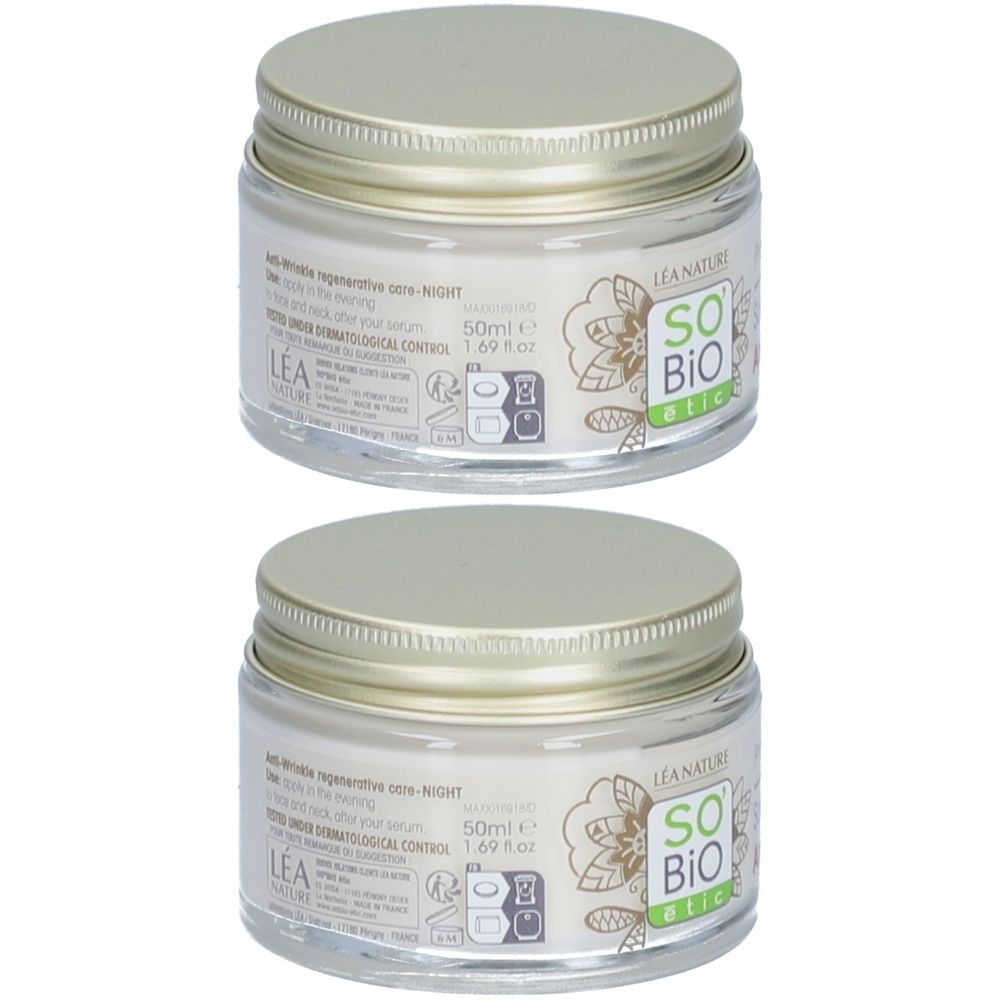 Deux pots de crème. Récipients en verre avec couvercles argentés. Inscription: SO BIO etic. 50ml.