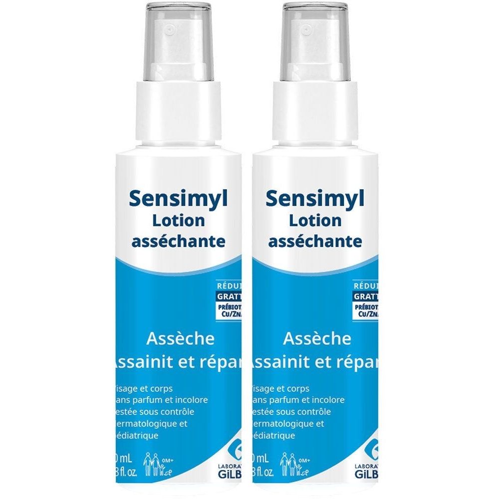Deux flacons spray blancs avec étiquette bleue. Inscription: Sensimyl Lotion asséchante. Texte: Assèche, assainit et répare.