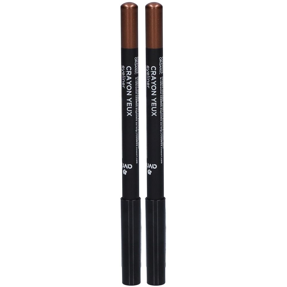 Deux crayons pour les yeux bruns. Inscription: CRAYON YEUX, eyeliner ORGANIC. Crayon noir avec pointe brune.