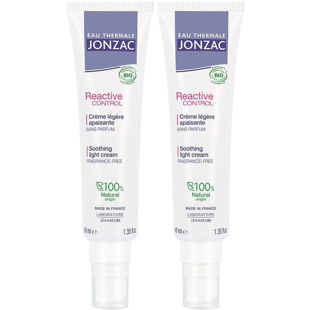 Deux tubes de crème. Inscription: Jonzac, Reactive Control, Crème légère apaisante, sans parfum, Soothing light cream, 100% Natural.