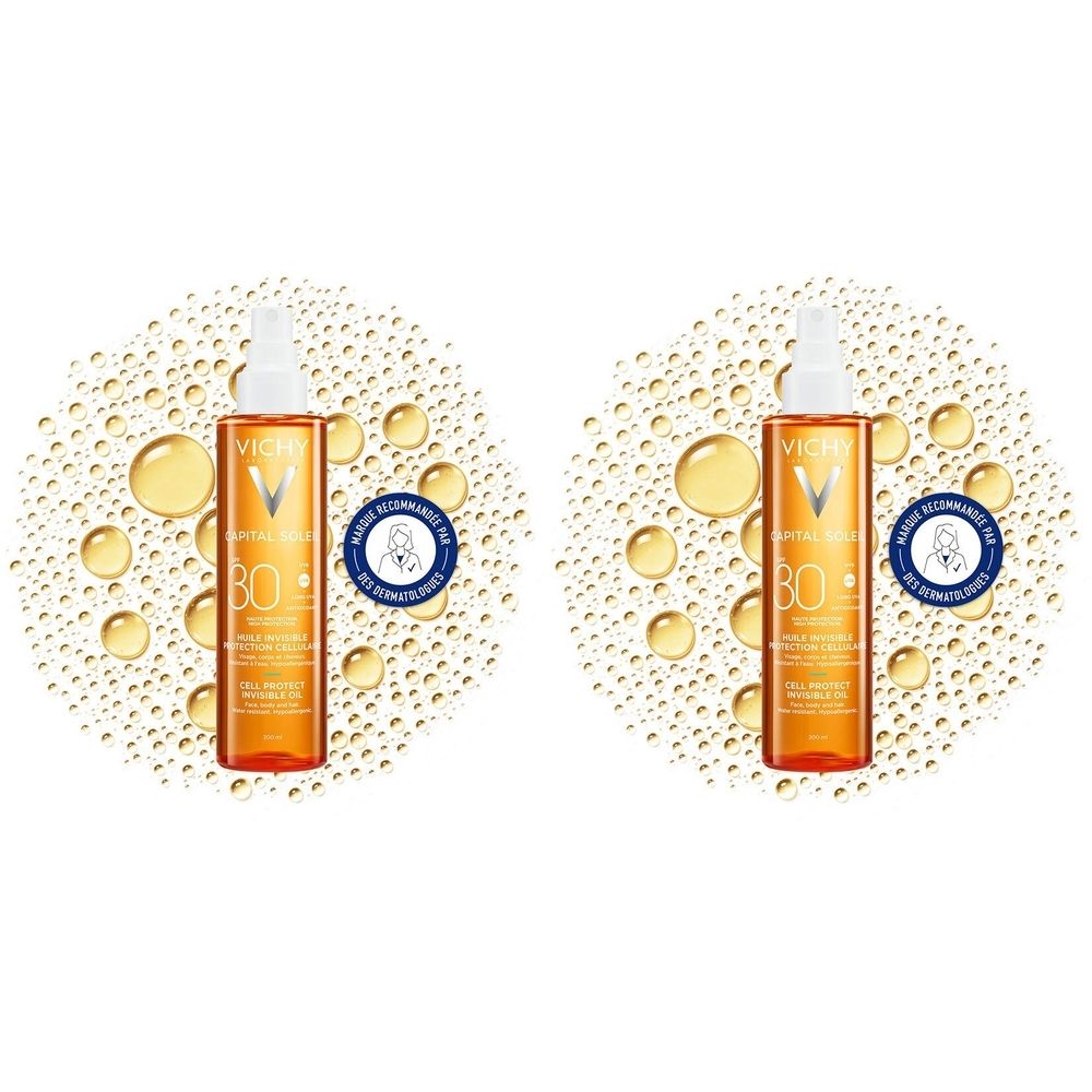 Deux flacons spray. Inscription : Vichy Capital Soleil SPF30. Sceau rond : Recommandé par les dermatologues.