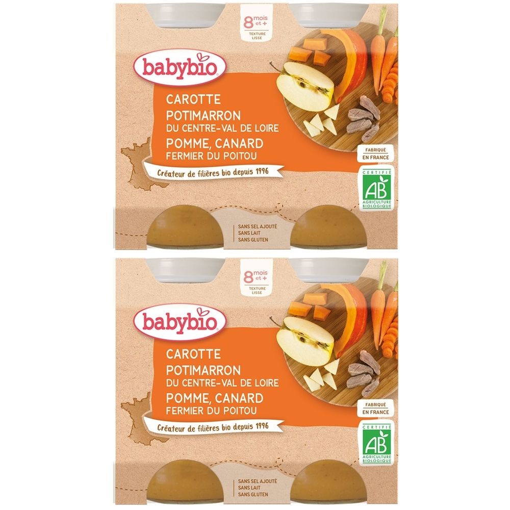 Deux boîtes de nourriture pour bébé Babybio. Inscription: Carotte, Potimarron, Pomme, Canard. Certification bio. Dès 8 mois.