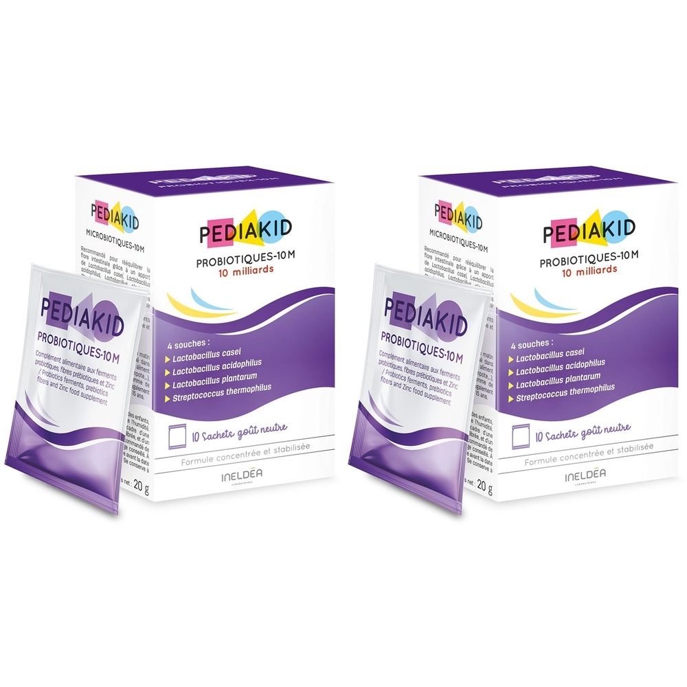 Deux boîtes de PEDIAKID Probiotiques-10M. Chaque boîte contient un sachet. Inscription "10 milliards" sur la boîte.