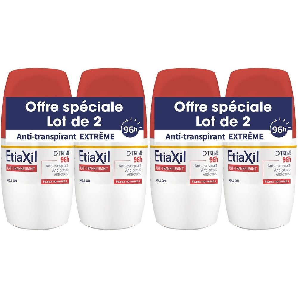 Quatre déodorants roll-on. Flacon blanc avec capuchon rouge. Étiquettes bleues avec texte : "Offre spéciale Lot de 2 Anti-transpirant EXTRÊME".