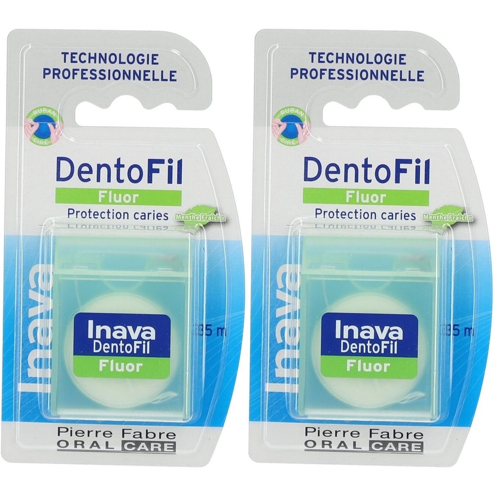 Deux paquets de fil dentaire. Inscription: DentoFil Fluor, Protection caries. Marque Inava. Emballage avec crochet. Pierre Fabre Oral Care.