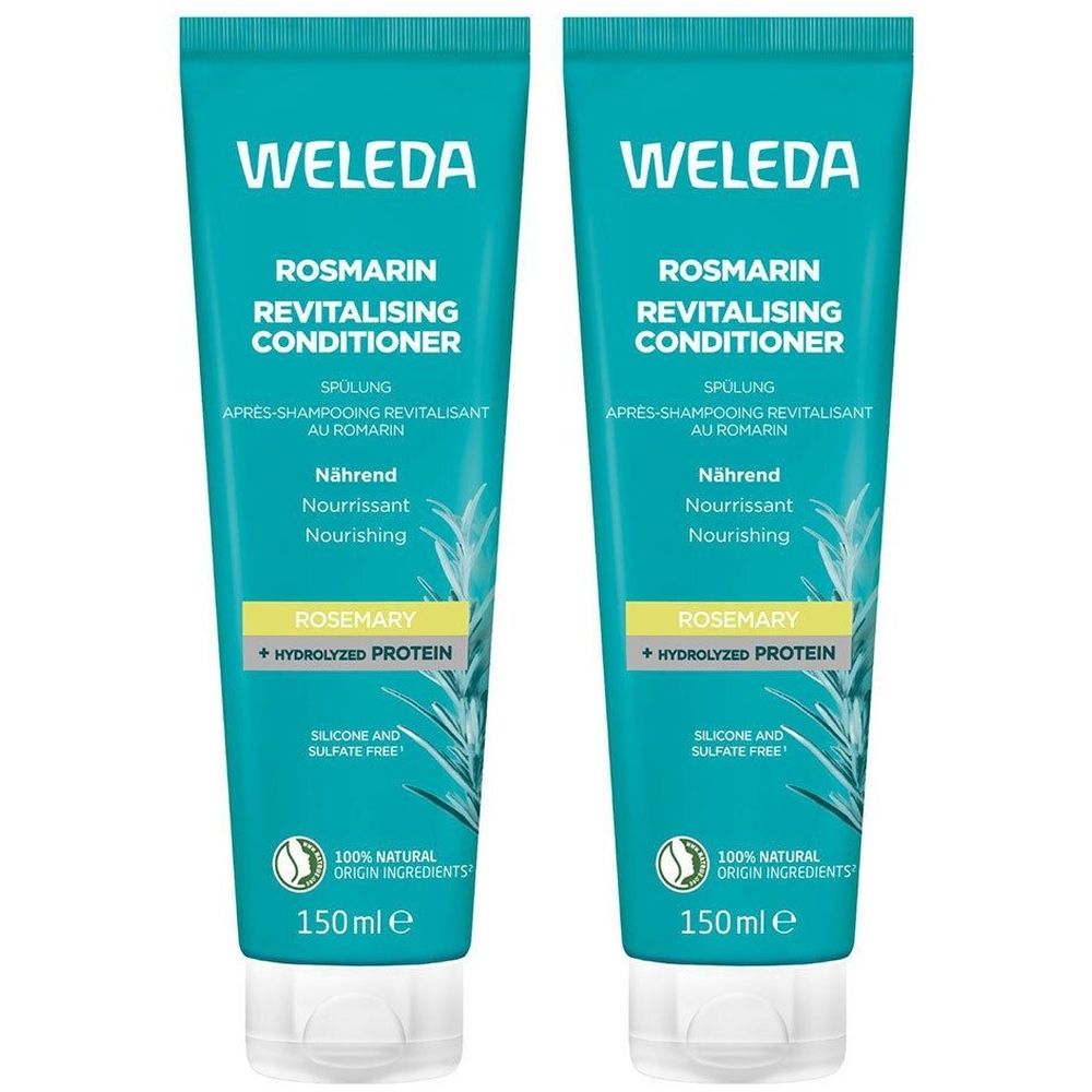 Deux tubes de revitalisant Weleda au romarin. Inscriptions: Rosmarin Revitalising Conditioner, protéines hydrolysées. 150ml.