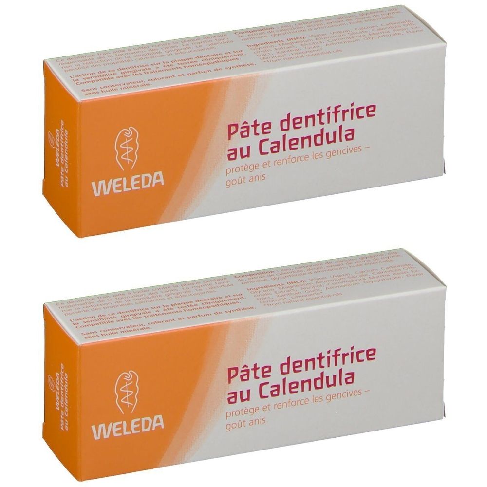 Deux boîtes de dentifrice. Boîtes orange et blanches avec l'inscription « Pâte dentifrice au Calendula » et le logo « WELEDA ».