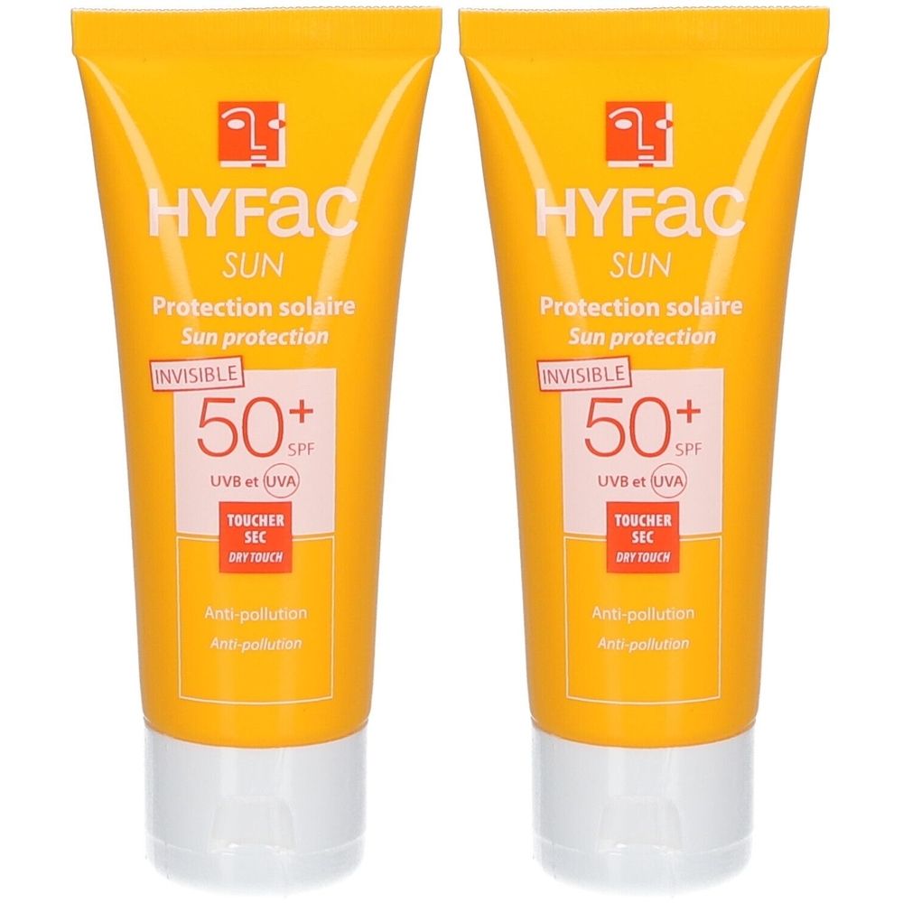 Deux tubes jaunes de crème solaire. Inscription: HYFAC SUN, SPF 50+, anti-pollution. Bouchon blanc.