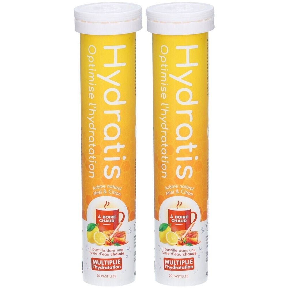 Deux tubes cylindriques jaunes. Inscription: Hydratis, Optimise l'hydratation. Illustration: tasse avec citron et miel. 25 pastilles.