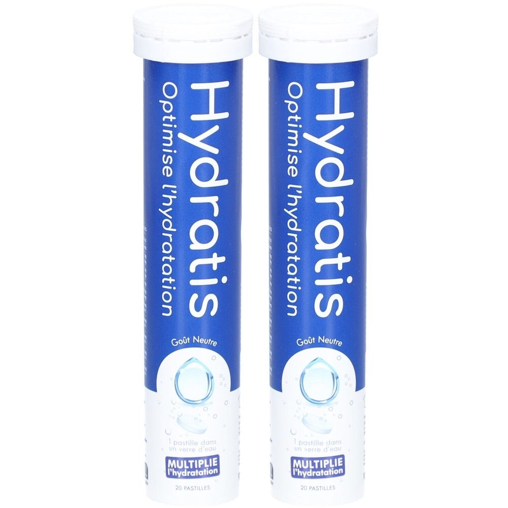 Deux tubes bleus avec bouchons blancs. Inscription: Hydratis, Optimise l'hydratation, Goût Neutre. 20 pastilles.