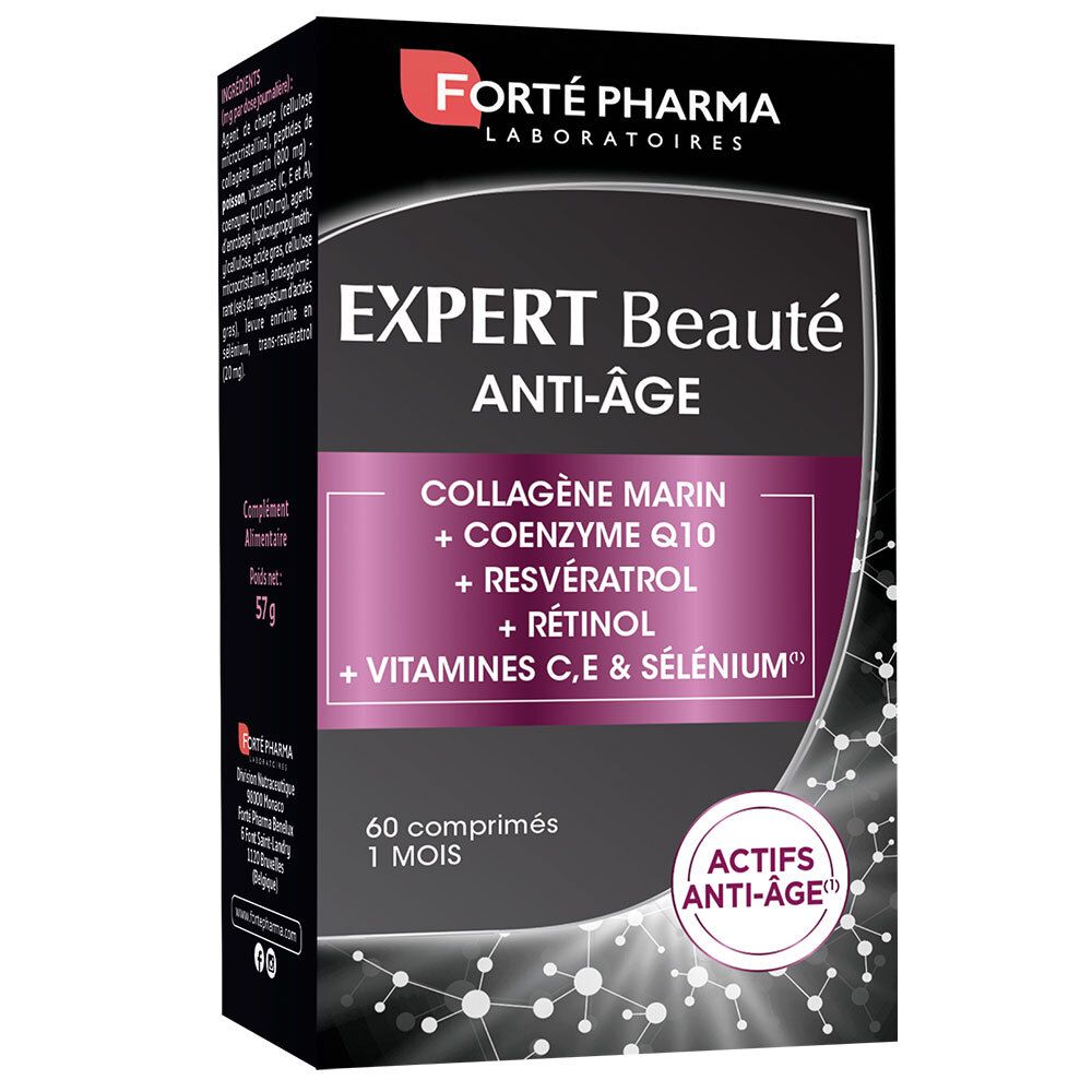 Boîte EXPERT BEAUTÉ ANTI-ÂGE. Contient collagène marin, coenzyme Q10, resvératrol, rétinol, vitamines C, E & sélénium. 60 comprimés.
