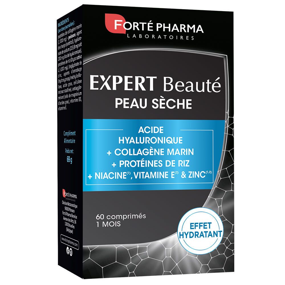Boîte Expert Beauté Peau Sèche FORTE PHARMA. Contient acide hyaluronique, collagène marin, protéines de riz, niacine, vitamine E et zinc.