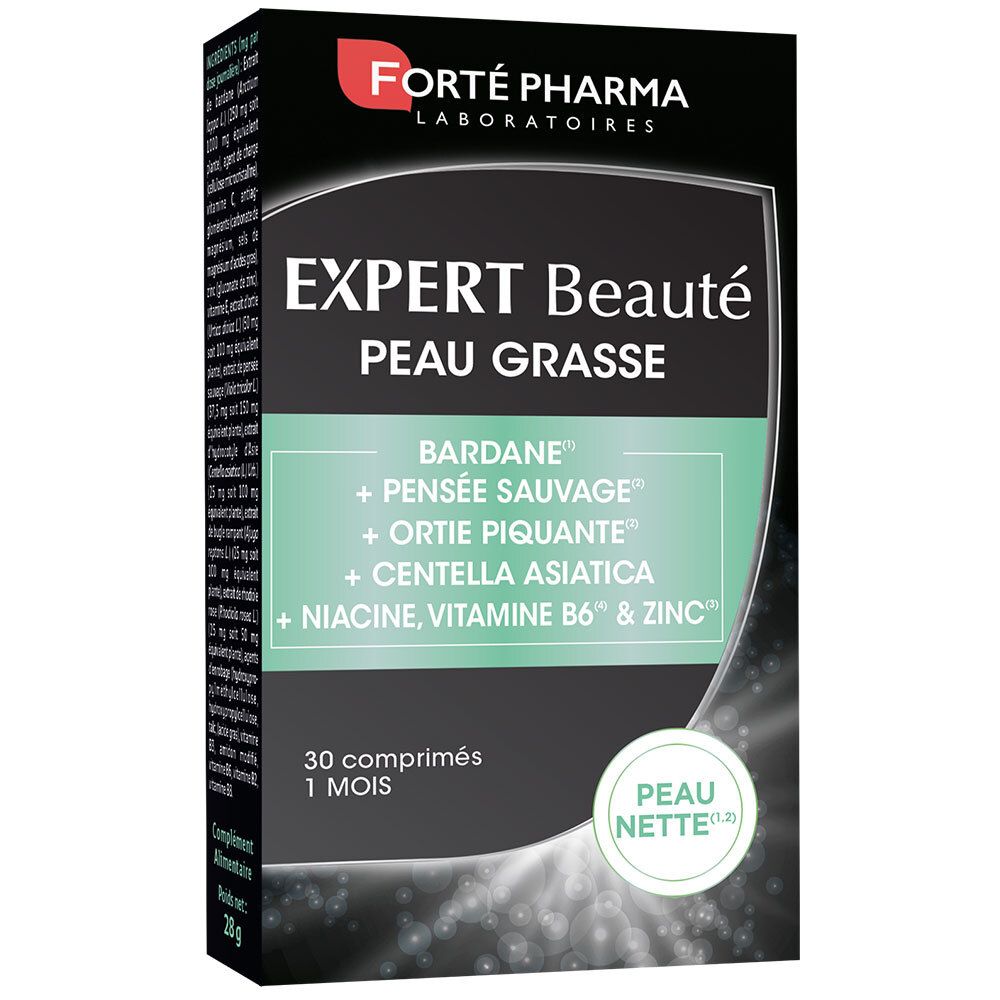 Boîte de FORTE PHARMA Expert Beauté Peau Grasse. Contient 30 comprimés. Inscription : Peau Nette.