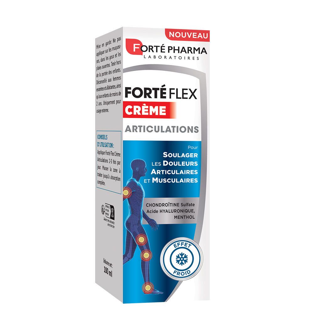 Emballage de Forté Flex Crème Articulations. Contient une illustration du corps humain avec des articulations mises en évidence. Contient du texte.