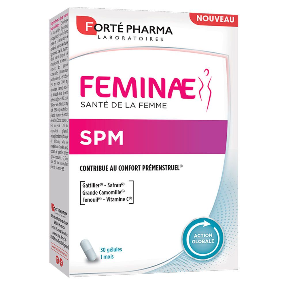 Boîte FORTE PHARMA Feminae SPM. Carton blanc avec nom et logo. Contient 30 gélules.
