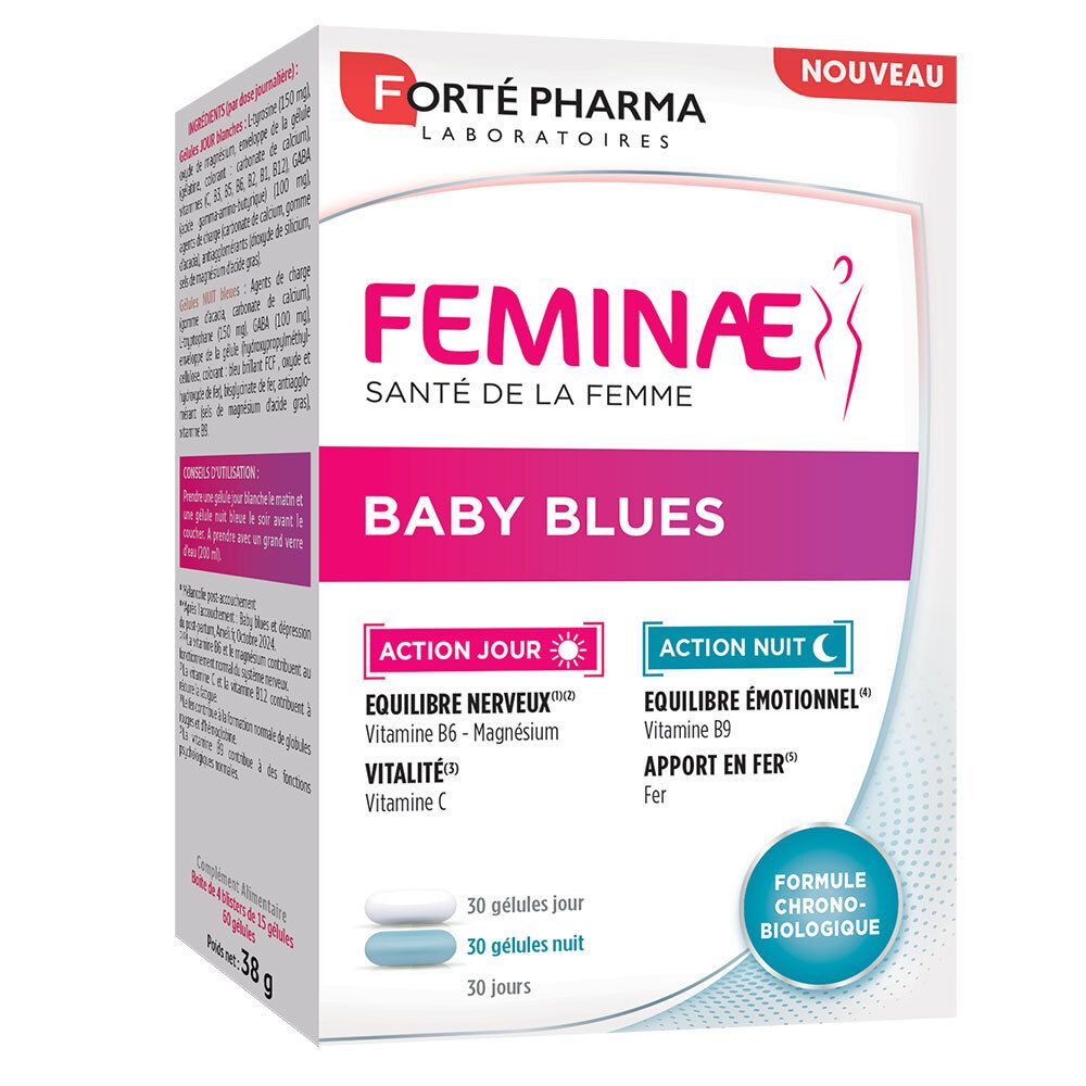 Boîte FORTE PHARMA Feminae Baby Blues. Contient gélules jour et nuit. Logo et texte en français.