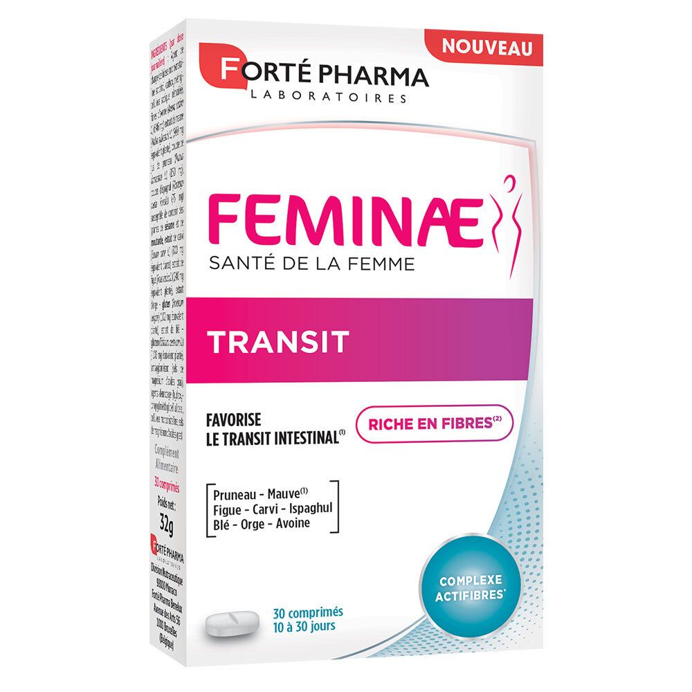 Boîte de FORTE PHARMA Feminae Transit. Carton blanc avec nom et ingrédients. 30 comprimés.
