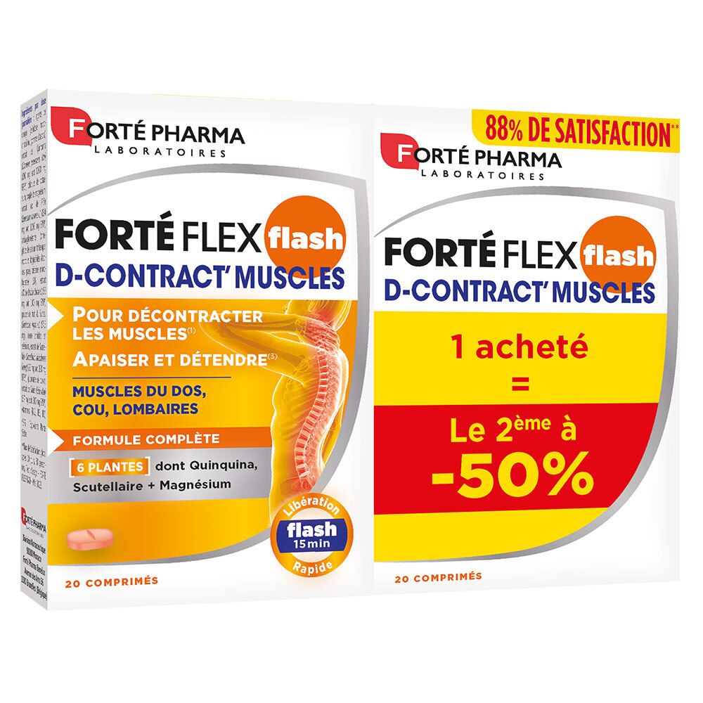 Emballage de Forté Flex Flash D-Contract' Muscles. Deux boîtes avec informations produit et messages promotionnels.