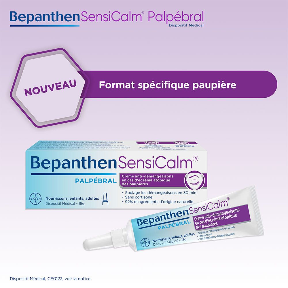 Bepanthan SensiCalm Palpébral crème et tube. Bannière violette avec texte. Label Nouveau. Format spécifique paupières.