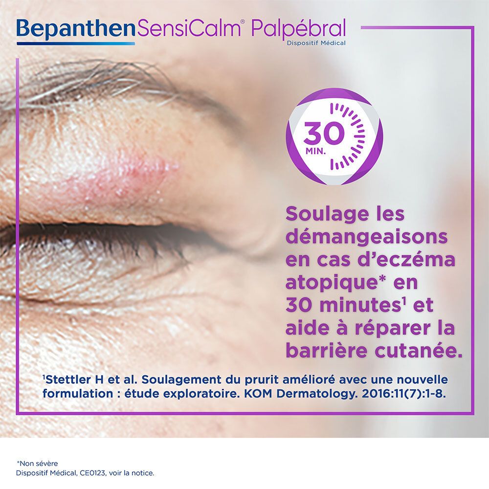 Gros plan sur un œil avec eczéma. Texte: Soulage démangeaisons en cas d'eczéma atopique en 30 minutes et aide à réparer la barrière cutanée.