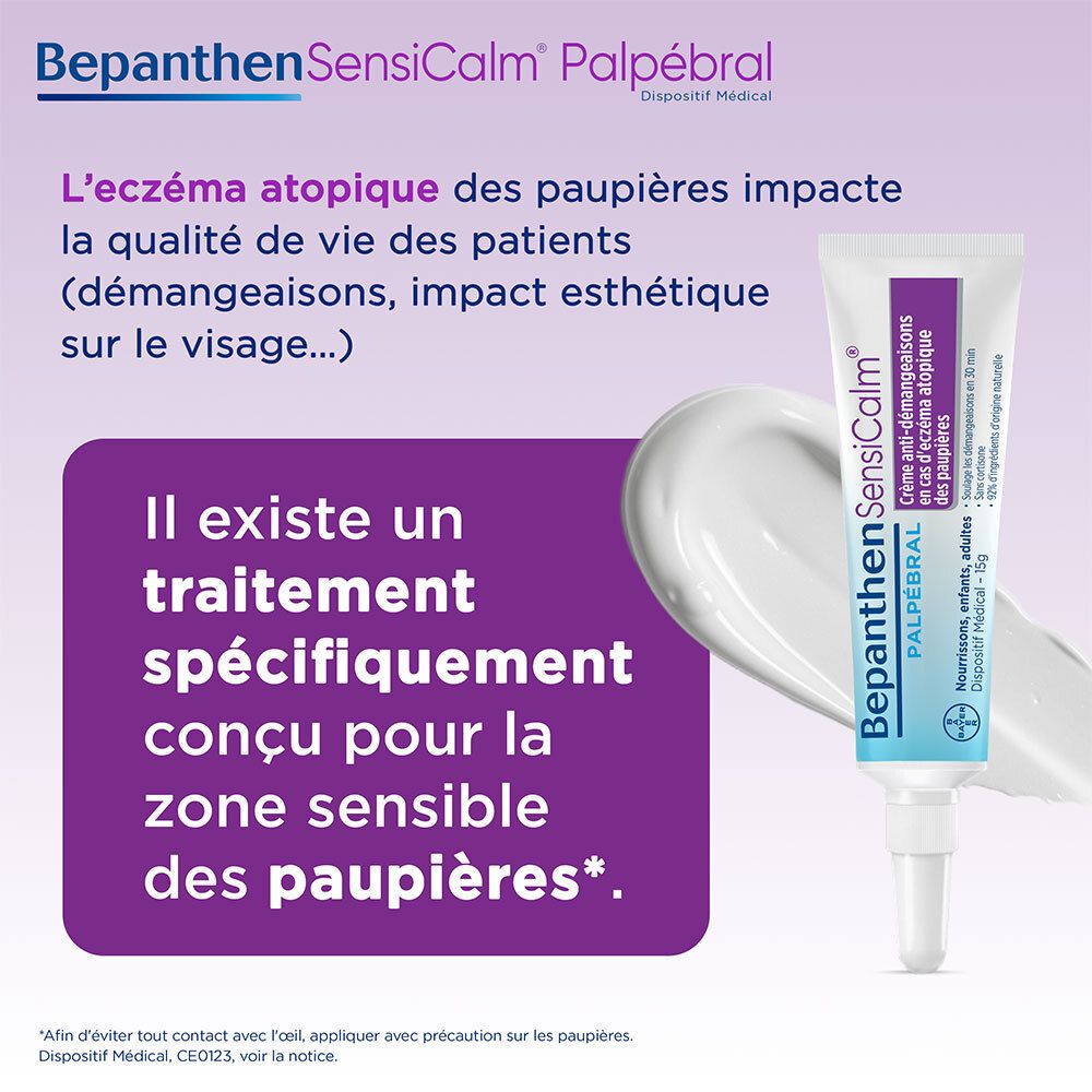 Texte: L'eczéma atopique des paupières impacte la qualité de vie. Crème et tube Bepanthan SensiCalm Palpébral.