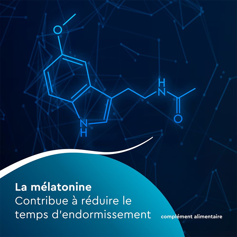 Structure moléculaire. Représentation bleue. Texte : La mélatonine contribue à réduire le temps d'endormissement.