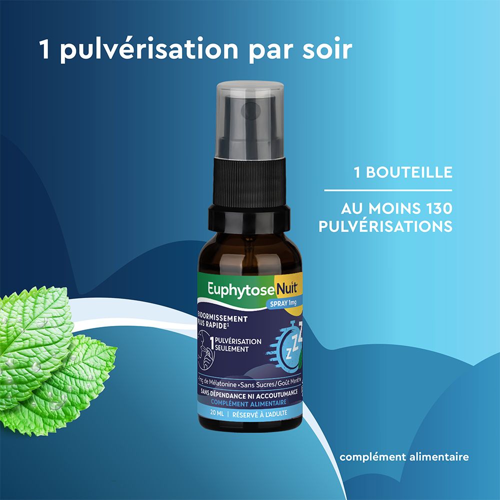 Flacon spray. Texte : 1 pulvérisation par soir. Flacon avec au moins 130 pulvérisations.