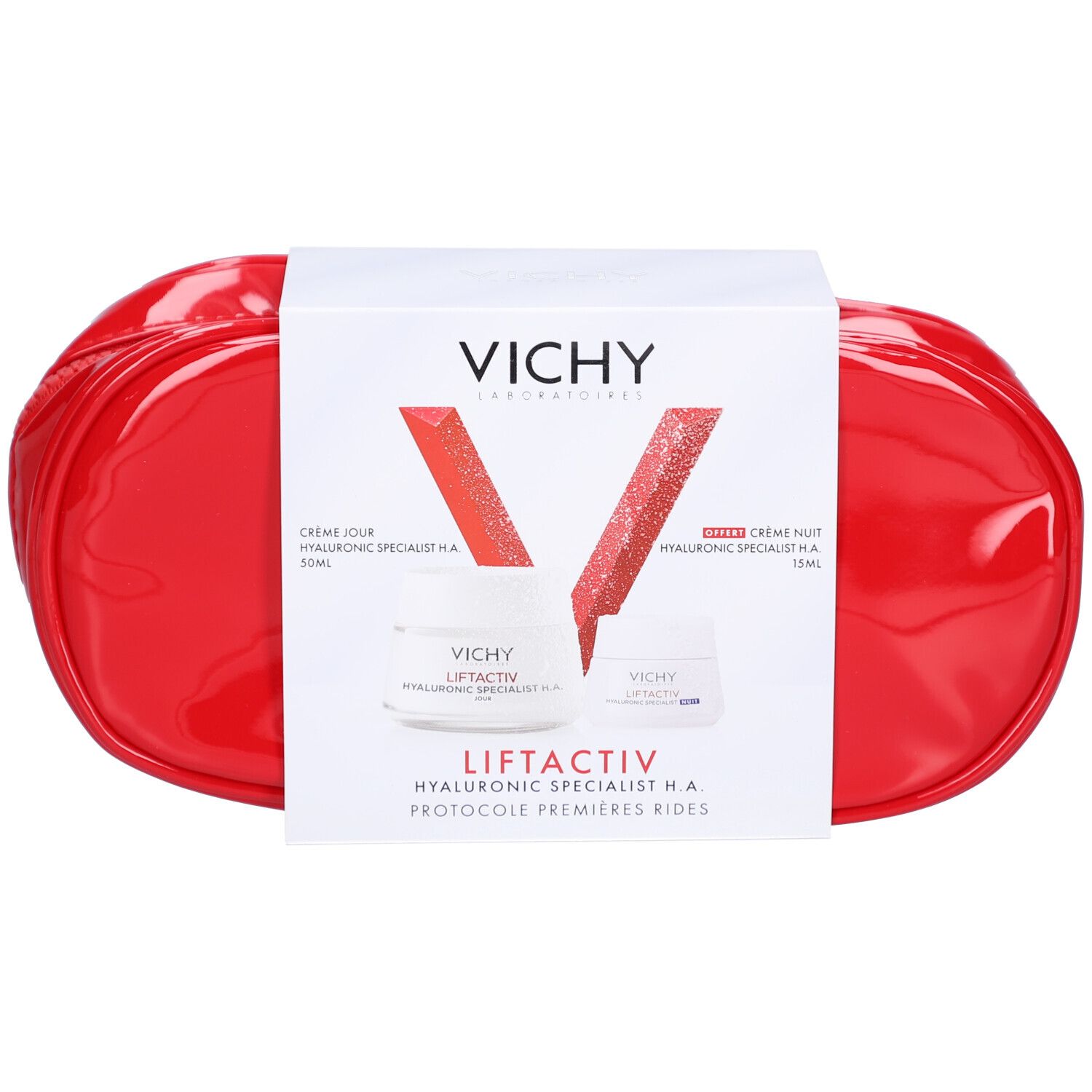 Trousse de toilette rouge avec emballage blanc. Inscription : VICHY, LIFTACTIV, Crème, Hyaluronic Specialist H.A. et Protocole Premières Rides. Deux crèmes.