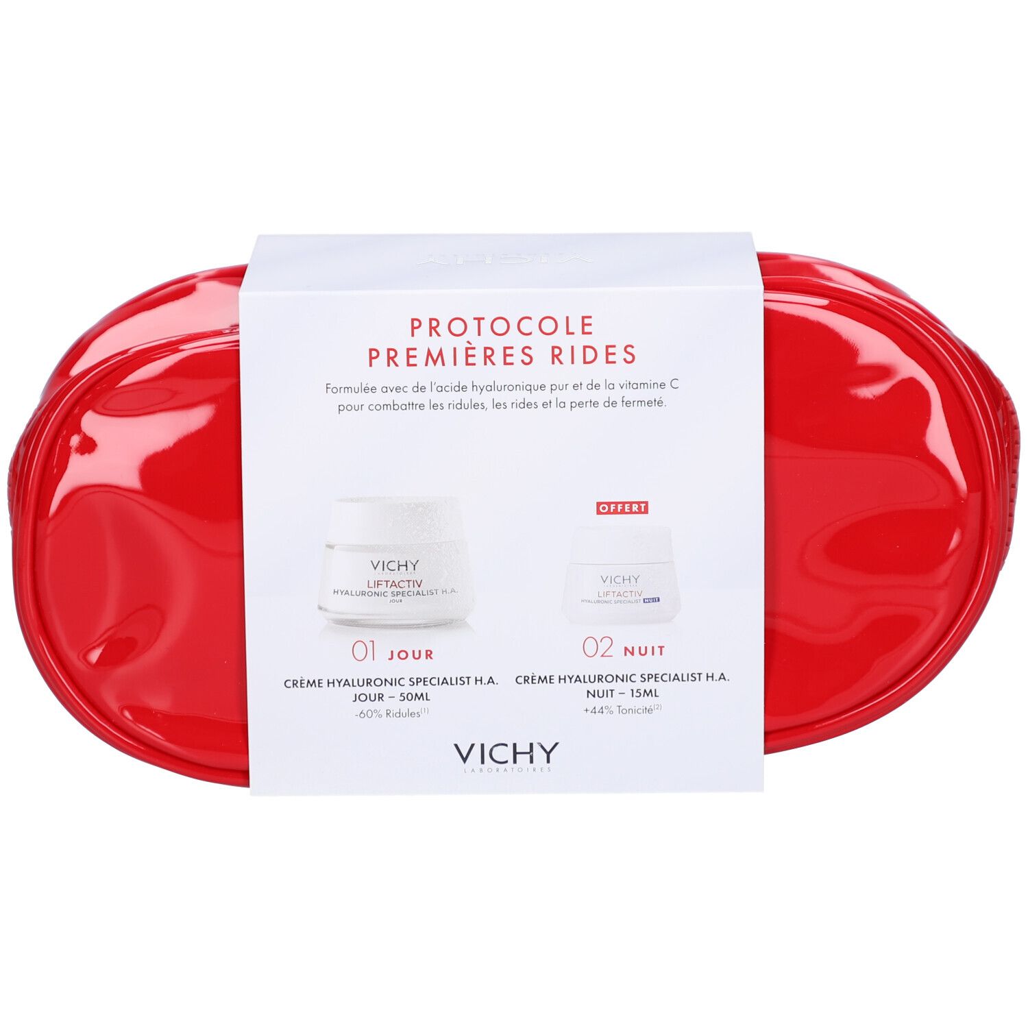 Trousse de toilette rouge avec emballage blanc. Inscription : VICHY, Protocole Premières Rides, Crème, Hyaluronic Specialist H.A. Deux crèmes.