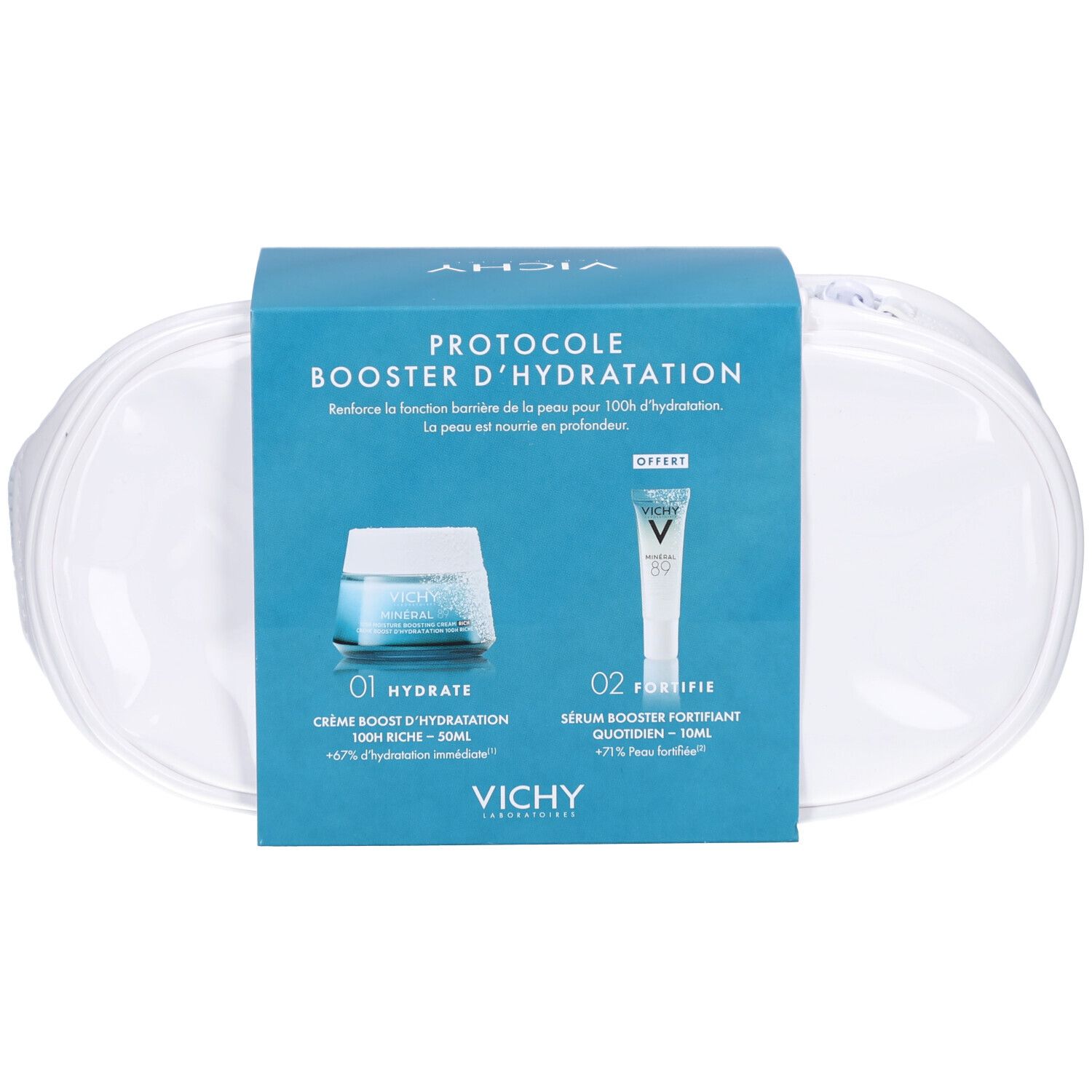 Coffret cadeau avec deux produits. Crème et sérum dans une trousse transparente. Logo Vichy et noms de produits visibles.