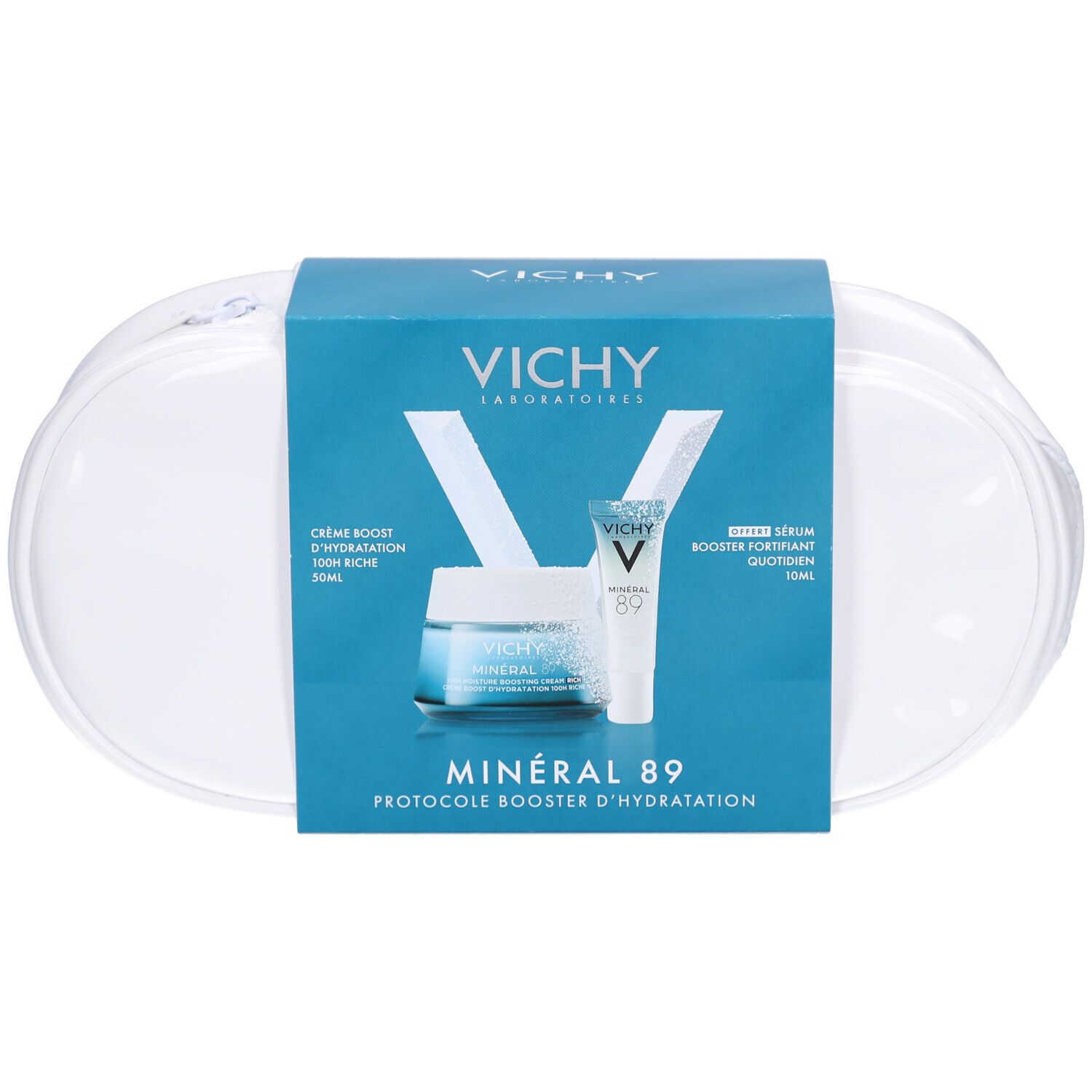 Coffret cadeau avec crème et sérum. Logo Vichy et noms de produits sur l'emballage. Trousse transparente.