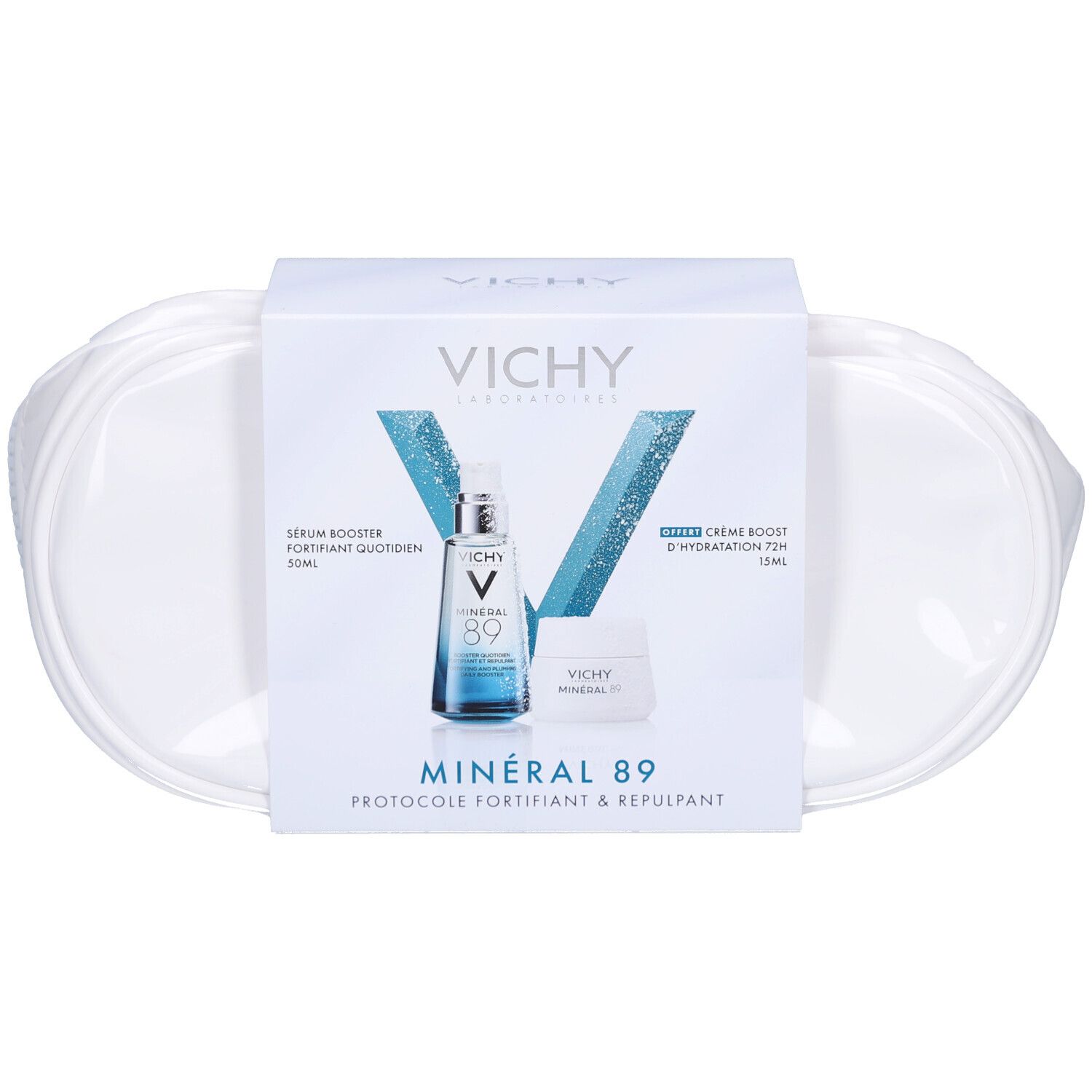 Coffret cadeau avec sérum et crème. Emballage avec nom et logo du produit. Contient deux produits dans un emballage blanc.