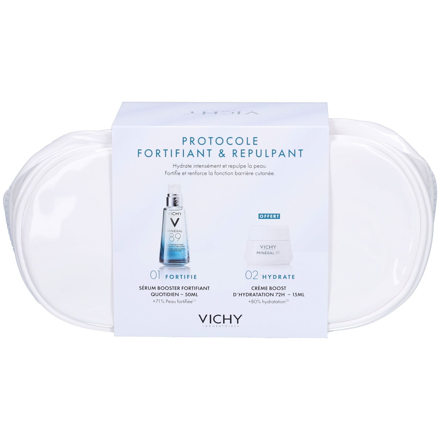 Coffret cadeau avec sérum et crème. Emballage avec nom et logo du produit. Contient deux produits dans un emballage blanc.