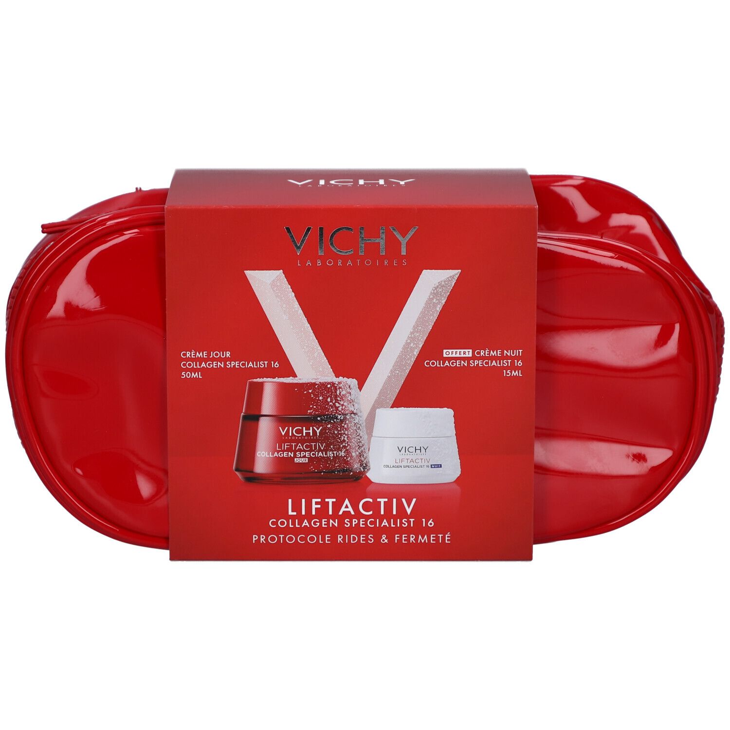 Trousse de toilette rouge avec emballage produit. Sur l'emballage: VICHY LIFTACTIV, deux crèmes, texte et logo.