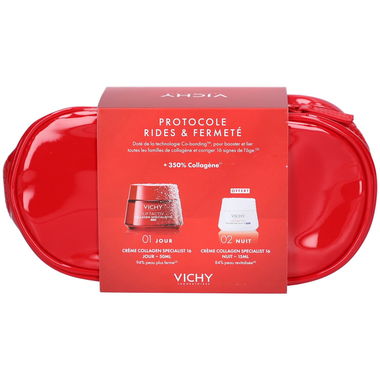 Trousse de toilette rouge avec emballage produit. Sur l'emballage: VICHY LIFTACTIV, deux crèmes, texte et logo.