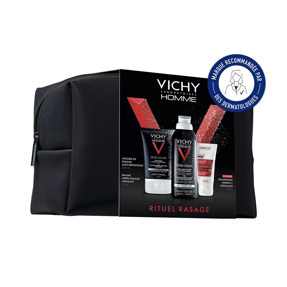 Trousse de toilette noire avec produits de rasage. Sur l'emballage: VICHY Homme, Rituel Rasage. Sceau: Marque recommandée par les dermatologues.