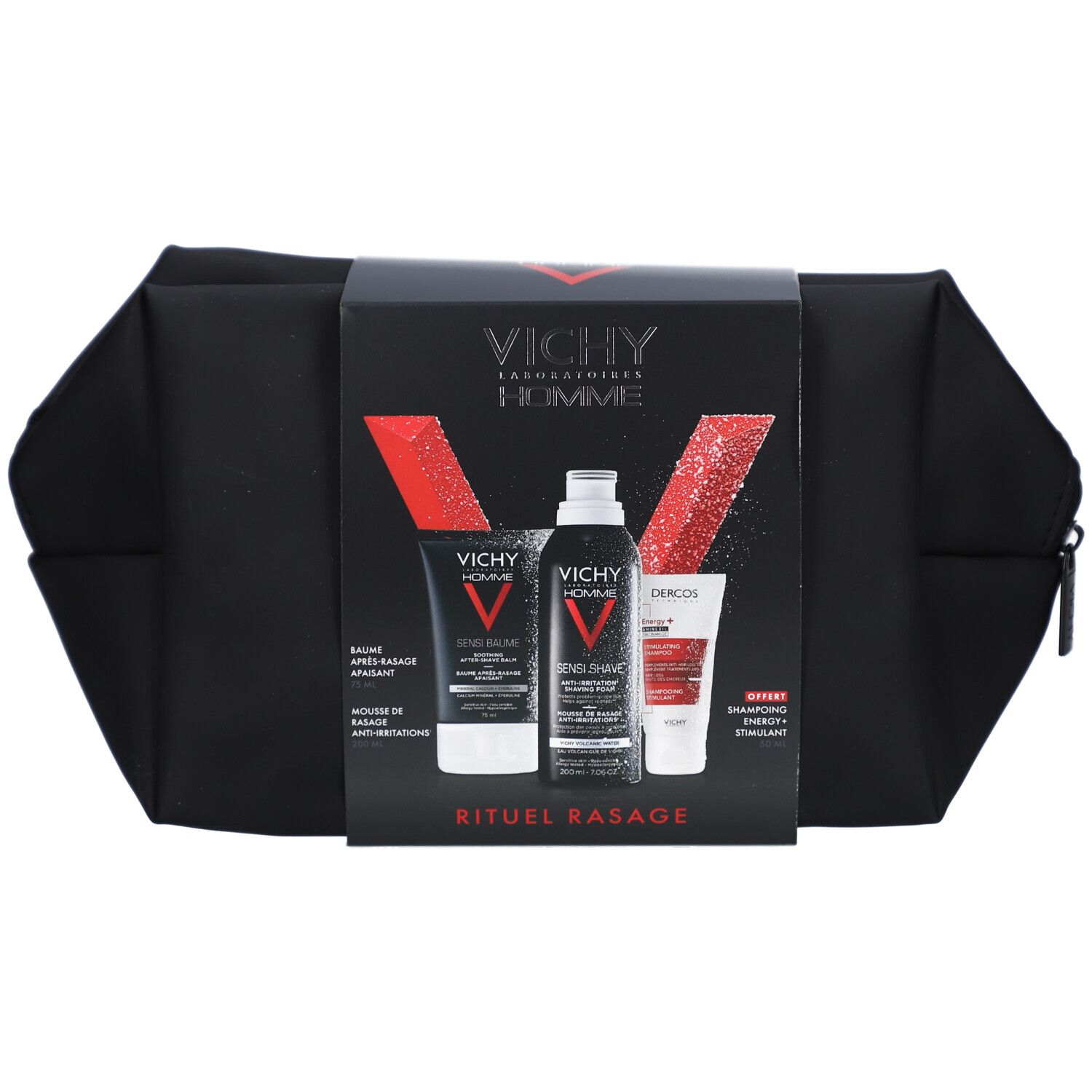 Trousse de toilette noire avec produits de rasage. Emballage Vichy Homme avec accent rouge. Contient baume, mousse et shampooing.