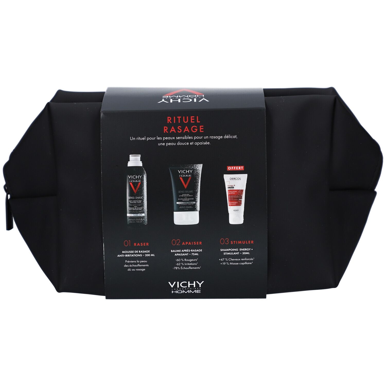 Trousse de toilette noire avec produits de rasage. Emballage Vichy Homme avec accent rouge. Contient baume, gel et shampooing.