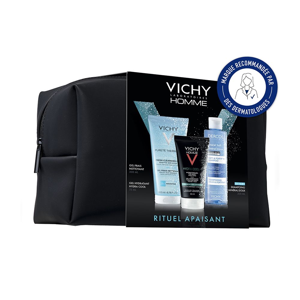 Trousse de toilette noire avec set Vichy Homme. Contient trois produits et un sceau rond.