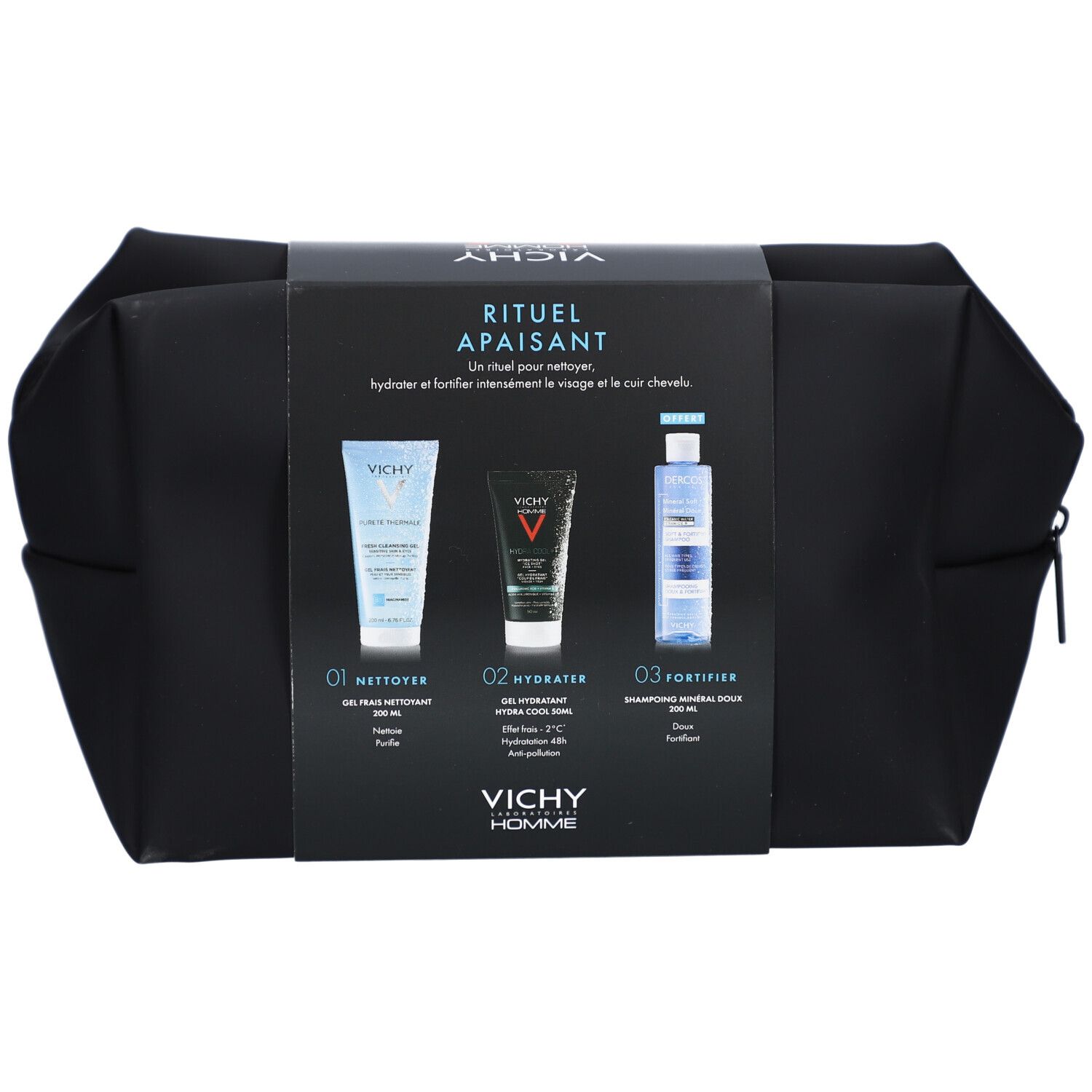 Trousse noire avec produits Vichy Homme. Trois produits sur emballage avec noms.