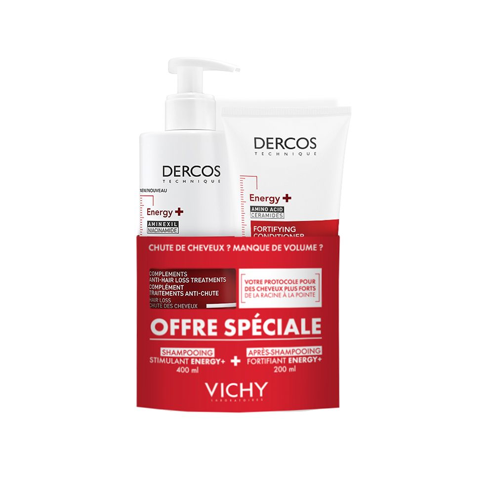 Ensemble shampooing et après-shampooing. Shampooing blanc avec pompe, tube blanc. Carton rouge avec texte: VICHY Dercos Energy +.