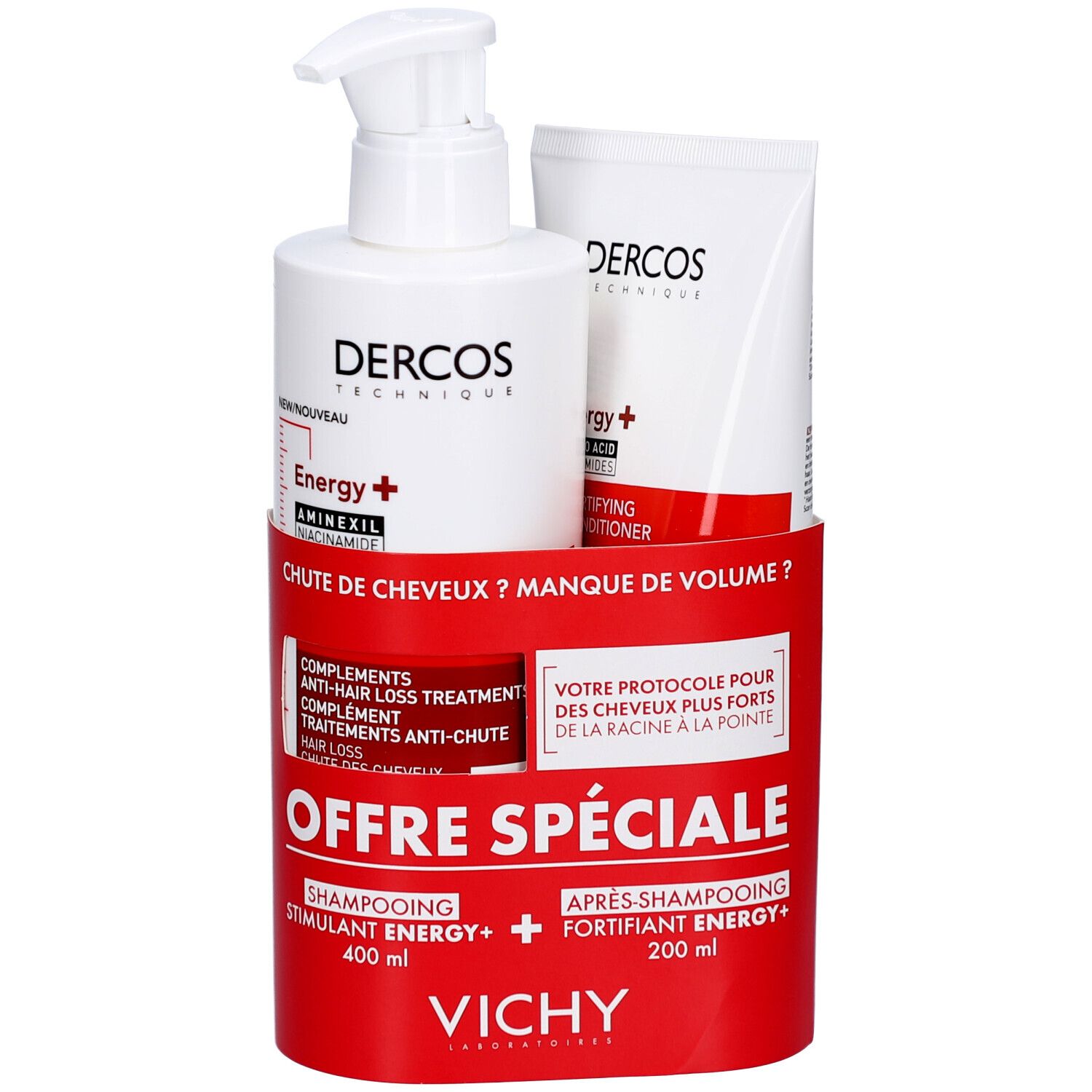 Ensemble shampooing et après-shampooing. Flacon blanc avec pompe, emballage rouge avec texte. Marque: Dercos.