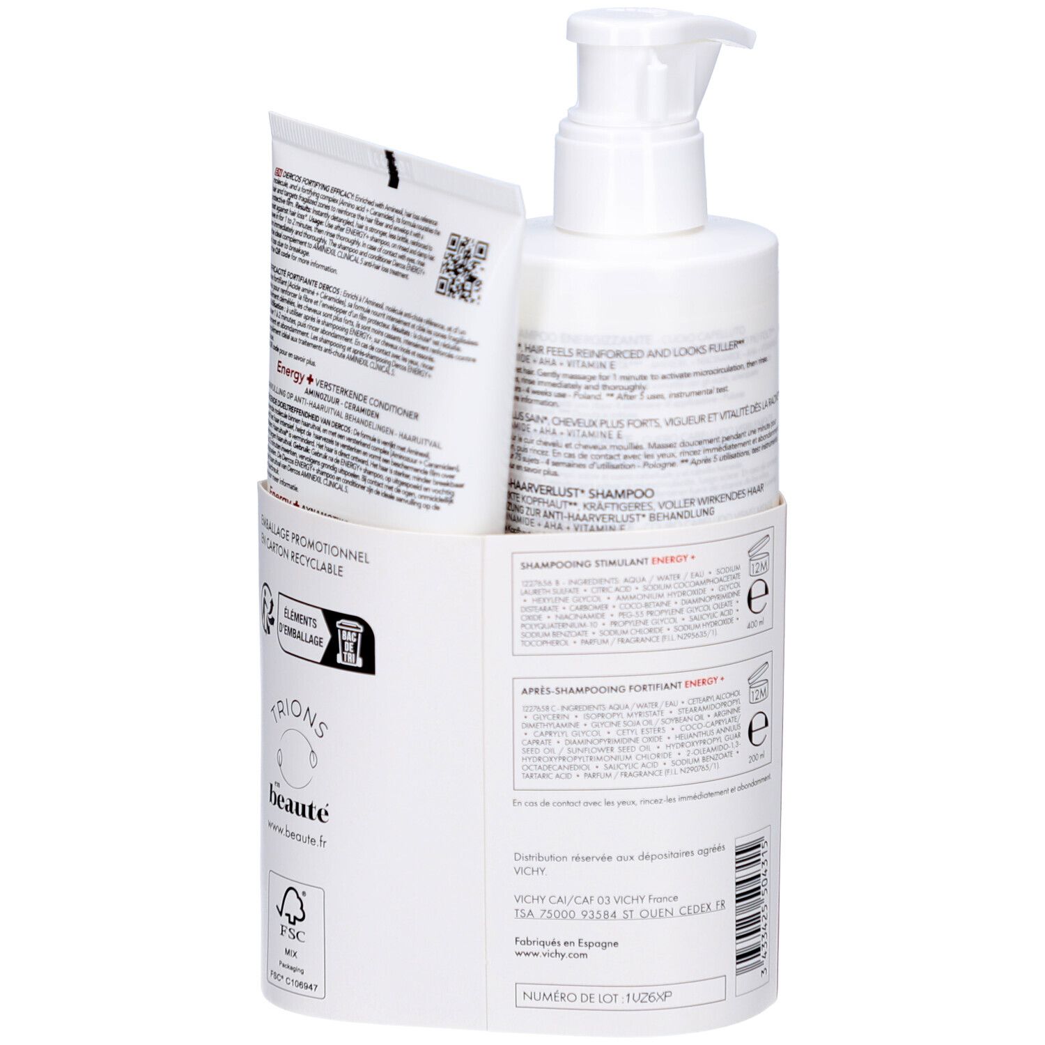 Vue arrière de l'ensemble. Flacon blanc avec pompe et tube. Texte sur l'emballage. Marque: Dercos.