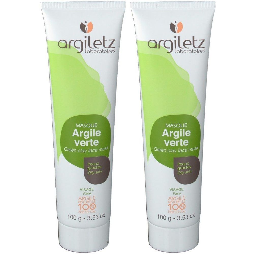 Deux tubes de masque facial Argiletz à l'argile verte. Tubes blancs avec éléments verts et marron. Texte : Argile verte.