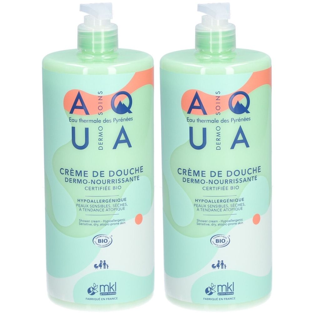 Deux flacons de crème de douche avec pompe. Inscription: Crème de Douche Dermo-Nourrissante, certifié Bio. Marque: Aqua Ua.